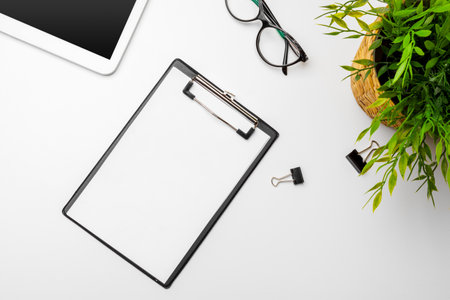 Home office workspace mockup with green plant and stationery accessories with copy space background....