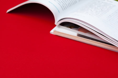 Close up stacking magazine place on table backgroundの写真素材