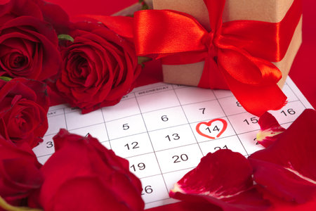 February 14 on calendar and decorations for Valentines Day.の写真素材