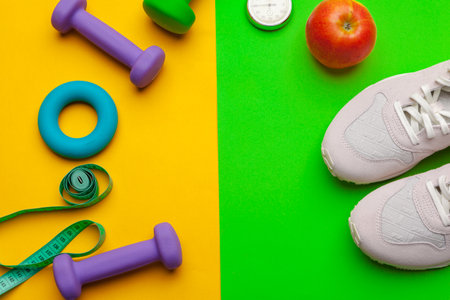 Fitness Gym equipment on color backgroundの写真素材