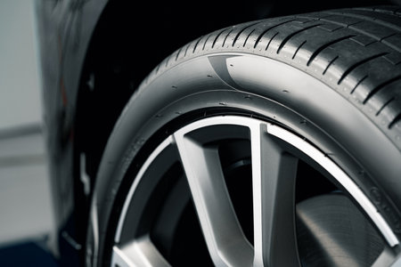 Close up of new car wheel tyreの写真素材