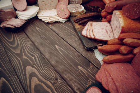 Assortment of different sausages laid out on brown wooden backgroundの写真素材