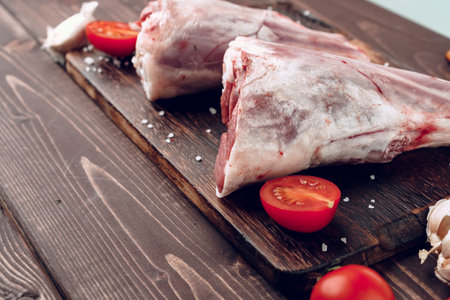 Raw lamb leg on dark wooden boardの写真素材