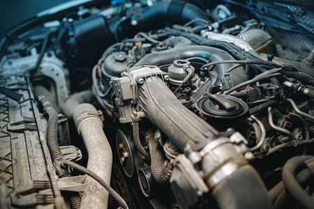 Dirty engine under the hood of a car
