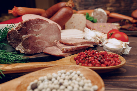 Variety of meat sausages on wooden boardの写真素材