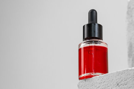 Glass jar of skincare serum on concrete blockの写真素材