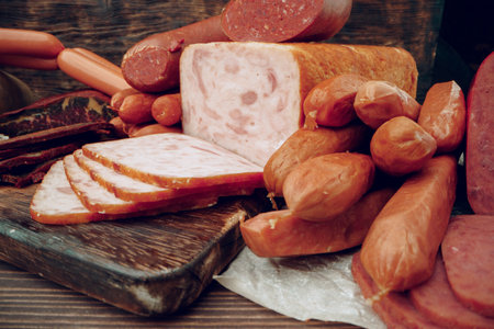 Assortment of different sausages laid out on brown wooden backgroundの写真素材