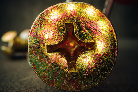 Many metal screws on concrete close upの写真素材