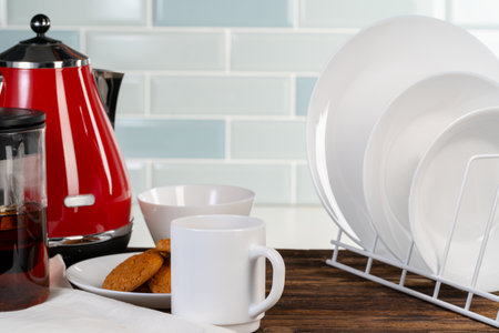 Tea served on a wooden kitchen tableの写真素材