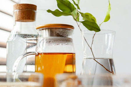 Hot refreshing citrus tea in glass close upの写真素材