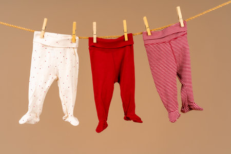 Washing of baby clothes pinned on a rope to dryの写真素材