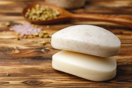 Natural handmade soap bars with flowers, close up