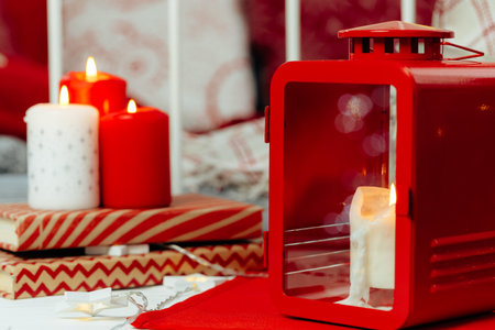 Red and white Christmas candles interior decorationの写真素材