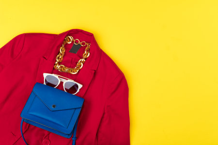 Trendy woman outfit with accessories on bright yellow backgroundの写真素材