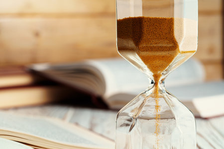 Sandglass on wooden table with opened book close up