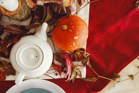 Stylish thanksgiving autumn table decor with pumpkin and dried branchesの写真素材