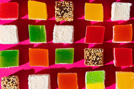 Turkish delight square pieces on a bright pink background