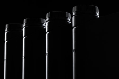 Engine oil bottle on black background, close up.の写真素材