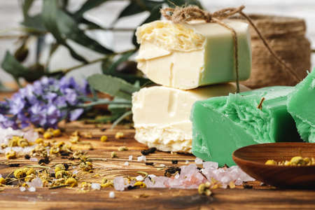 Natural handmade soap bars with flowers, close up