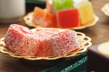 Close up of a little oriental plate with turkish delights