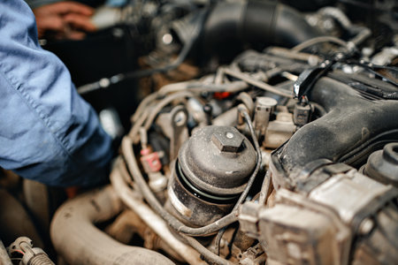 Auto mechanic man checks car engine under the hoodの写真素材