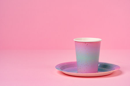 Pink disposable cup and plate on pink backgroundの写真素材