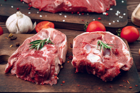 Raw meat beef shank slices on brown wooden board