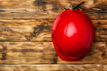 Work safety protection hardhat on wooden backgroundの写真素材