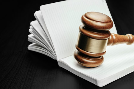 Brown wooden judge mallet on the background of open bookの写真素材