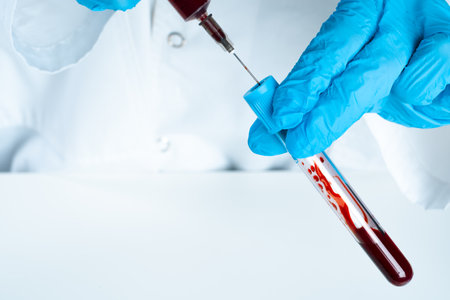 Doctor in blue gloves keep in hands test tube with a blood and syringeの写真素材
