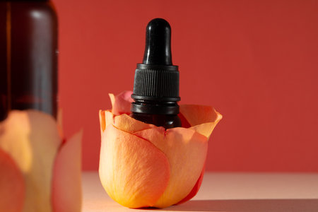 Cosmetic bottles with rose petals, copy spaceの写真素材