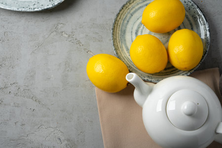 New ceramic dishware with several lemons for decorationの写真素材