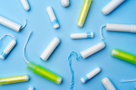 Top view of female tampons on blue backgroundの写真素材