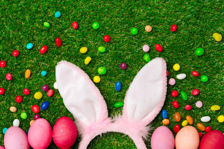 Colored eggs and vibrant candies on grass. Easter composition