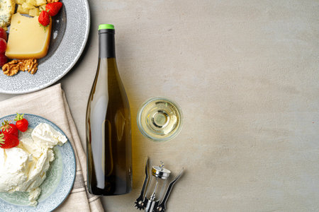 Different types of cheese and wine on gray tableの写真素材