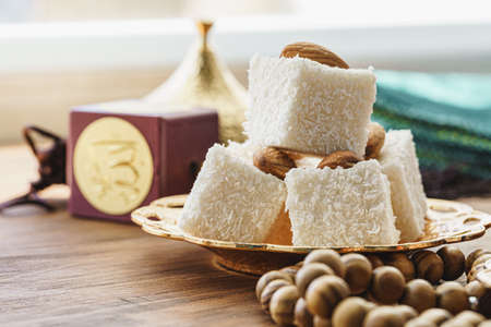 Turkish delight sweets on a metal oriental plateの写真素材