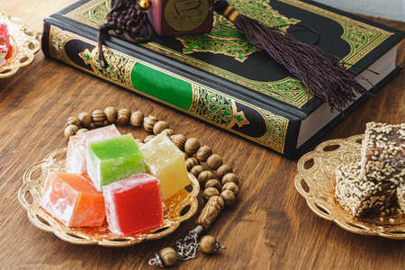 Turkish delight sweets on a metal oriental plate