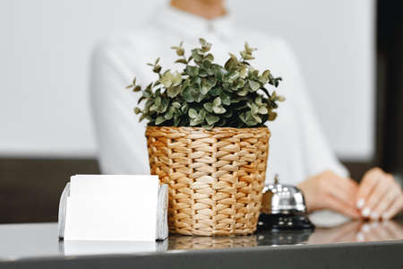 Close up of modern hotel reception counter deskの写真素材