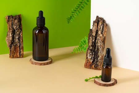 Brown glass cosmetic bottle. Organic cosmetic concept
