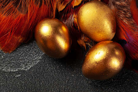 Golden Easter eggs on red bird feathers close up