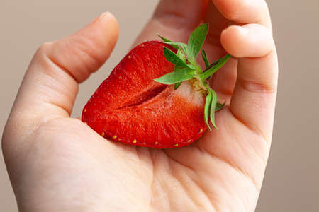 Beautiful large red strawberry in a hand