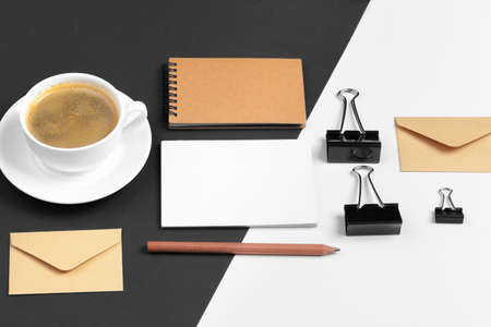 modern hipster style stationery mockup with various paper items, office suppliesの写真素材