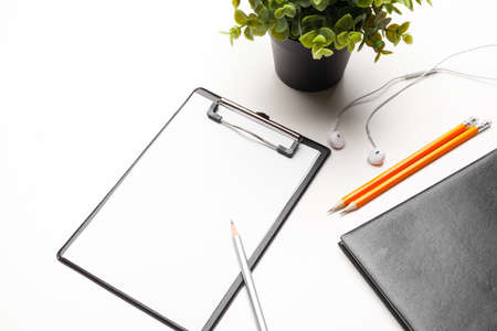 Home office workspace mockup with clipboard. Flat lay, top view. Template for blog, bloger, business
