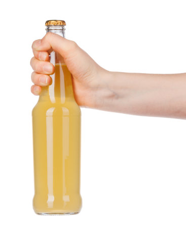 Hand holding a beer bottle without label isolated on white backgroundの写真素材