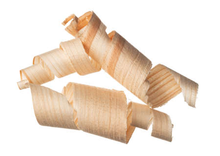 Spiral wooden shaving isolated on white backgroundの写真素材