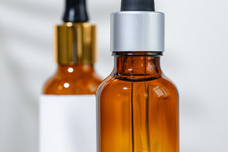 Close up photo of glass cosmetics container for oily textureの写真素材