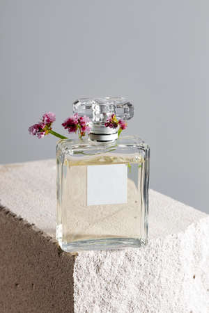 Transparent fragrance bottle on gray .cinder block