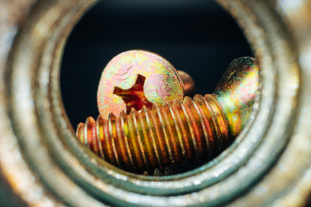 Metal screws and nuts on black backgroundの写真素材