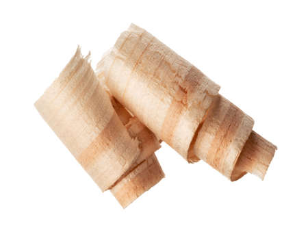 Curly wood shaving isolated on white backgroundの写真素材