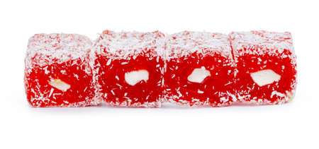 Close up of red Turkish Delight sweets isolated on whiteの写真素材